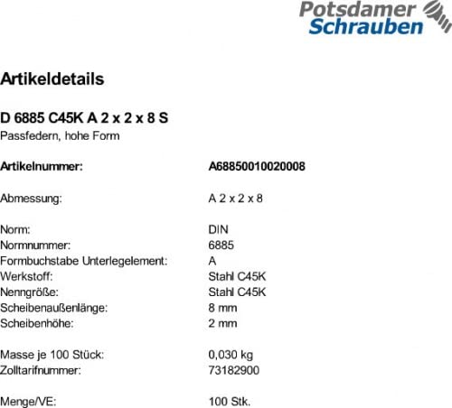 100 Passfedern DIN 6885 C45K A 2x2x8 Stahl