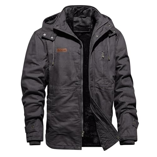 Mens Jacket Winter Casual Fleece Lined Cotton Thick Military Tactical Hooded Work Coats with Cargo Pockets