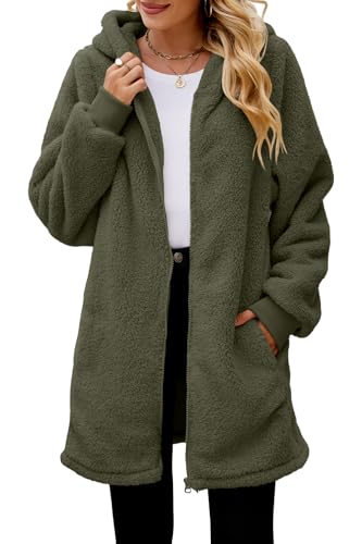 ReachMe Womens Fleece Zip Up Jacket with Pockets Fuzzy Jackets for Women Oversized Long Sherpa Hoodie Teddy Coat(01 Army Green,L)