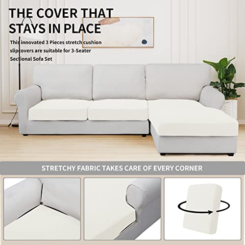 Image of Easy-Going Stretch 3 Pieces Couch Cushion Covers for Sectional Sofa L Shape | 2 Seater + 1 Chaise Lounge Left /Right L Sofa Seat slipcover Anti-Slip Sofa Cover Soft Cream