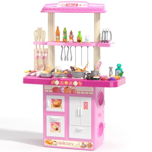 TEMI Kitchen Playset | 2-in-1 Kids Kitchen & Grill Playset, Play Kitchen with 60Pcs Toy Accessories Set, Real Sounds and Light | Pretend Play Set for 3+ Year Old Kids, Girls & Boys
