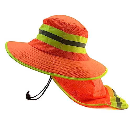 Glory Max High Visibility Reflective Work Safety Bucket Hat Cap Mesh Neck Flap (Full Brim Orange 1Pc)