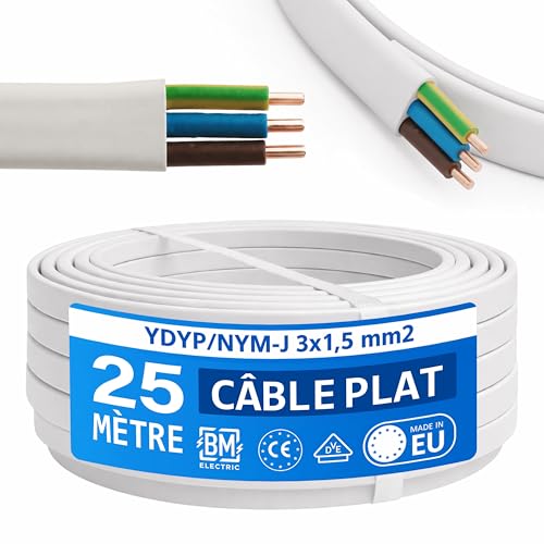 BM Electric Câble d'alimentation électrique YDYp NYM 3 x 1,5 mm² (plat 10 × 5 mm) – Câble plat pour passage de fenêtre | Câble d'installation...