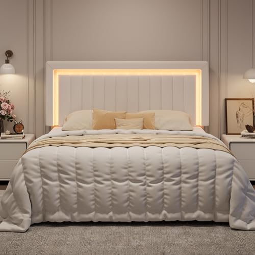 SHA CERLIN King Size Velvet Bed Frame with LED Light, Adjustable Vertical Channel Tufted Headboard, Strong Wooden Slats Support, Noise-Free, No Box Spring Needed, White