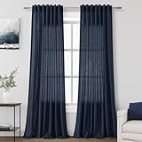 Cortinas de lino azul marino de 90 pulgadas de longitud para dormitorio, paneles de cortina de privacidad transparentes