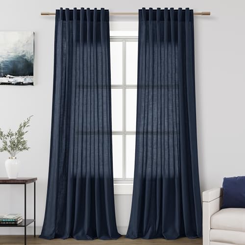 Image of Navy Blue Linen Curtains 90 inch Length for Bedroom Boys Men Back Tab Modern Farmhouse Nautical Decor Blue Sheer Privacy Curtain Panels Set of 2 for Dining Room Indigo
