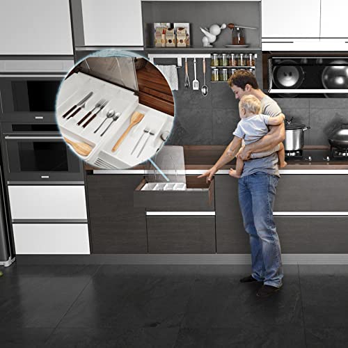 Kurberson Double Layer Silverware Tray with Lid, Drawer Organizer for Utensil Tray, Cutlery Storage Holder with Cover, White - Image 6