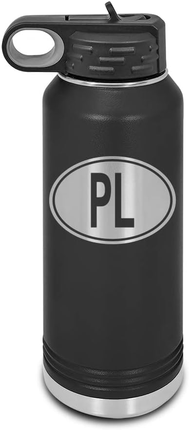 Poland Oval Laser Engraved Water Bottle Customizable Polar Camel Stainless Steel with Straw - country code PL Black 32 oz