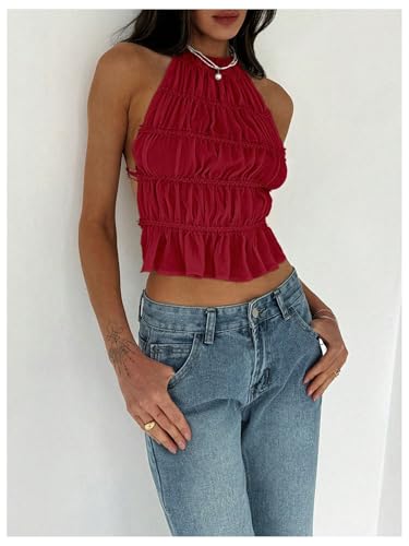 MakeMeChic Women\'s Open Back Halter Top Sleeveless Tie Backless Y2K Crop Going Out Tops Red Medium - Thumbnail 4