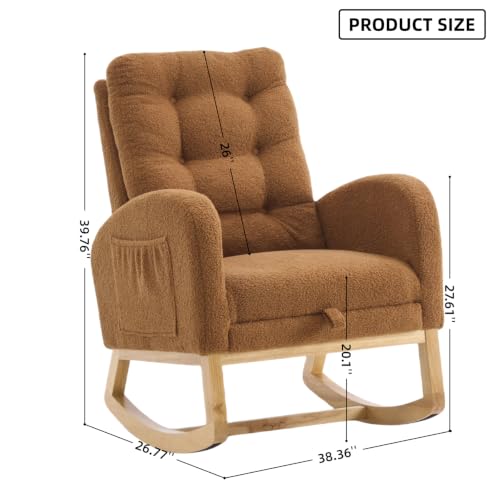 Image of Nursery Rocking Chair with Foot Rest, Teddy Upholstered Glider Chair with Side Pocket, Comfy Rocker Accent Armchair, Modern High Back Rocking Chairs for Living Room, Bedroom, Caramel