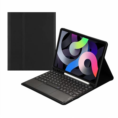 WxfTnix キーボードケース 対応機種 iPad第10世代(10.9インチ2022年)、ラウンドキーカラータッチパッドキーボードワイヤレス着脱式、ペンシルホルダー付きレザーフォリオカバー 対応 Ipad 10 GEN 2022,黒