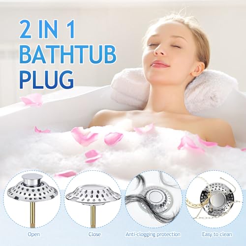 2 in 1 Badewannenstöpsel mit Filtrierung Gestaltung, 72mm Badewanne Abflusssieb Haarfänger mit Haarsieb, Höhenverstellbarer Badewanne Stöpsel, Anti-Verstopfung Verchromtem Messing Abflussstopfen