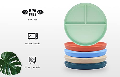 Adult Compartment Plate 5-Piece Set Unbreakable Portion Control Wheat Plastic Dinner Plate (Compartment/Picnic Plate), 9" Round, Microwave & Dishwasher Safe, Split Design, Bpa Free, Colorful For Kids #TOP2