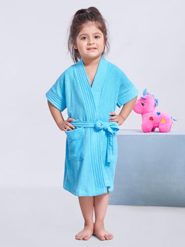 Image of SAND DUNE Kids Bathrobe | Terry Cotton Gown | Half Sleeves | Knee Length | Pocket with Waist Belt | Sky Blue Color Baby Girl Bathrobe - 1 to 4 Years Age