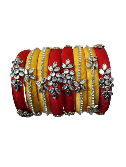 IJYA Sihan Handicrafts Kundan Work Silk Thread Bangle For Girls 8 PC Set Wedding & Festive Occasion Handmade Multicolored Chuda Chudi (YELLOW - RED, 2.4) (B0BLBZ36FJ) Amazon Price History, Amazon Price Tracker