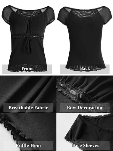 EMMIOL Y2K Mesh Top Women Babydoll Stretchy Short Sleeve Shirt Scoop Neck Summer Going Out Cute Fairy Top Black — view 6
