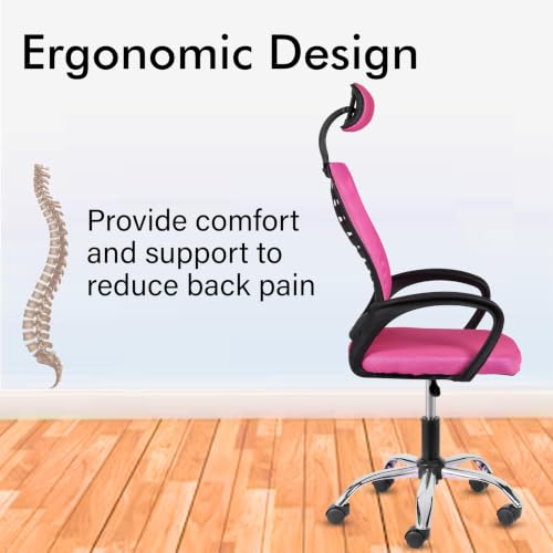 Image of Casa Copenhagen,Mesh Office Desk,Rocking, Ergonomic Computer Chair Adjustable High with Headrest and Comfortable Armrest Swivel Chair - Pink & Jet Black Handle