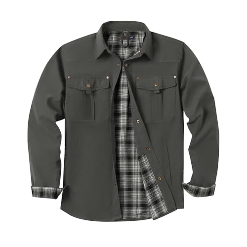 Flannel Shirt Jacket for Men - Long Sleeve Plaid Lined Flannel Snap Button with Pockets Western Cowboy Shirt Jacket Grey S
