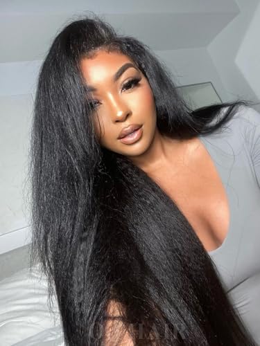 OQ HAIR 7x5 Glueless Kinky Straight Human Hair Wig 22 Inch For Women | 3 Second to Wear and Go Pre Cut Pre Plucked Wear and Go 180% Density Yaki Straight Wig For Beginners