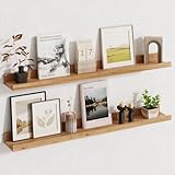 Fun Memories Picture Ledge Shelf, 36 Inch Floating Shelves for Wall, Nursery Bookshelf for Storage, Rustic Elm Wood Photo Ledge Shelves for Bedroom, Living Room, Kitchen (Natural, 36in Set of 2)