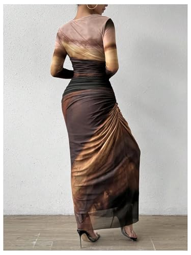 Image of Womens Long Sleeve Maxi Dress Mesh Bodycon Spring Fall Formal Wedding Guest | Tie Dye Ruched Night Out Cocktail Party Long Dresses
