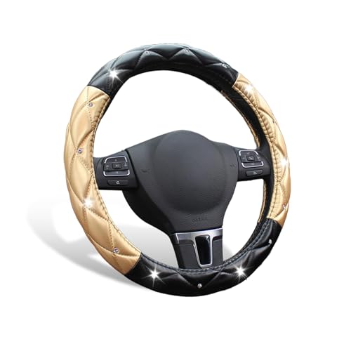 SuperKaKa Black and Gold Steering Wheel Cover, Auto Cute Diamond Bling Soft Comfort Leather Car Interior Accessories Protector Sparkly Fit Most O-Shaped Steering Wheels