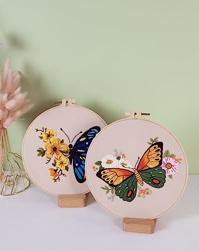 Image of TOPPROSPER Butterfly Embroidery Material Cross Stitch, Hand Embroidery Beginner DIY Set, Including Floral Patterns, Embroidery Rings, Thread and Needle (Green)