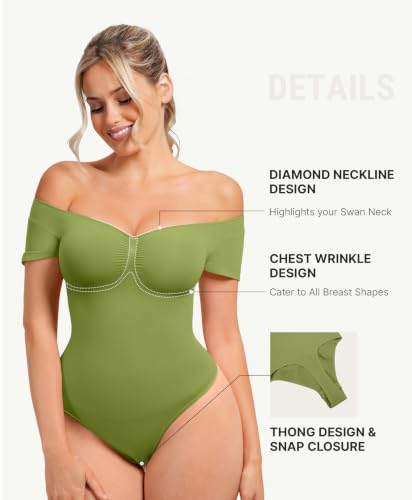Image of FeelinGirl Short Sleeve Shapewear Bodysuit for Women V Neck Tummy Control | Sweetheart Neckline, Seamless, Going Out Tops, Thong, Plus Size, Soft