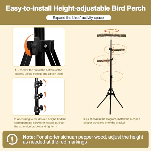 Image of 3-Layer 16-63 Inch Height Adjustable Bird Perch Pepper Wood Birds Training Perch Stand Parakeet Perches Indoor and Outdoor Parrot Stands for Small to Medium Bird
