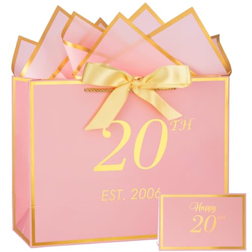 momoake 20th Birthday Gift Bag with Card and Tissue Paper for Girls/Her 2006 20 Year Old 13 Elegant Pink Gold Anniversary Keepsake Party Present Shopping Paper Bags for 20th Birthday Decorations