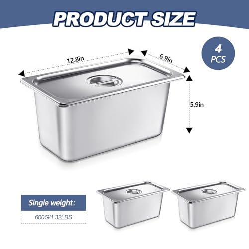 Image of Mifoci 4 Pack Stainless Steam Hotel Pan with Lid, 1 /3 Size x 6 Inch Deep Table Steam Pan Restaurant Supplies Reusable Anti Rust Catering Storage for Home, Party, Restaurant, Hotel, Buffet