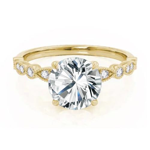 10K 14K 18K Solid Gold Moissanite Engagement Rings for Women, 1-3 CT Center Round Cut Moissanite Rings Bridal Set Promise Anniversary Wedding for Her Wife Size 4-11 Engraved Name