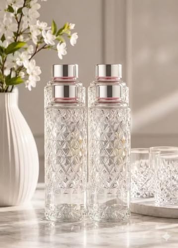 Image of Diamond Cut Glass Water Bottles with Stainless Steel Lid, Clear, Set of 6, 1000ml, for Kids' School, Lab Weighing, GYM, BPA Free
