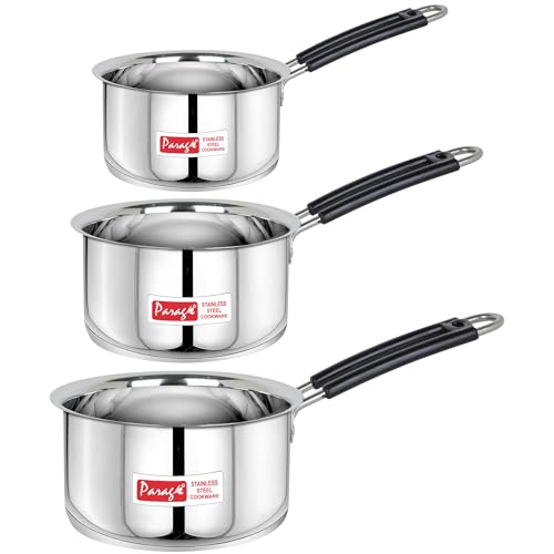 Image of Parage 3 Pieces Stainless Steel Sauce Pan, Tea Pan, Milk Pan Heavy Guage With Heat-Resistant Wire Handle Induction & Gas Stove Friendly (1 LTR, 1.25 LTR, 1.75 LTR, Silver),4 Liter