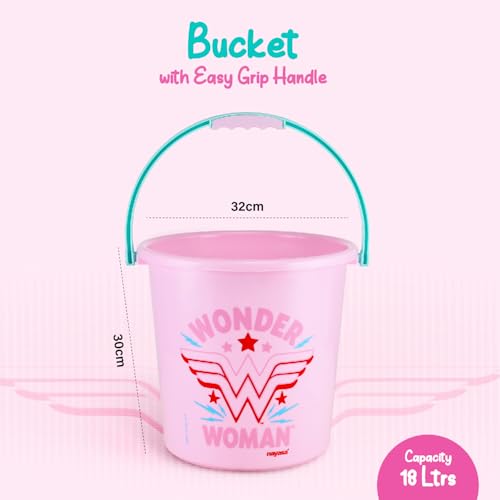 Image of Nayasa Kids Wonder Women Print Bathroom Set of 3 | 18 LTR Bucket, 1 LTR Mug and Stool Combo for Children | Sturdy and Durable | Lightweight and Rigid | Easy to Clean and Attractive Design | Pink