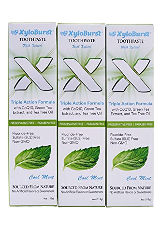 Xyloburst Natural Fluoride-Free Xylitol Premium Toothpaste With Xylitol And Coq10 Cool Mint - Sls-Free, Paraben Free, Cruelty Free, 4 Ounce Tube Made In The Usa (3 Tubes) #TOP3