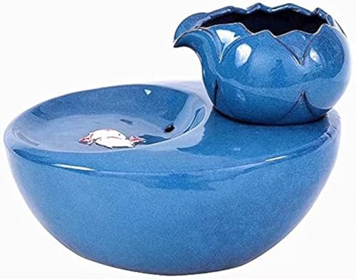 BrightCheer Ceramic Cat Drinking Water Fountain, 1.3 Liters Pet Water Fountains for Cats and Dogs, Electric Pet Water Dispenser with Quiet Pump and 5 Replacement Filters - Blue Lotus Style