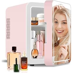 NISHCON 4-Liter Pink Portable Mini Fridge for Skincare Beauty Cosmetic Makeup With Mirrored Door and Dimmable LED Light