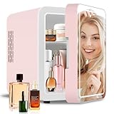 NISHCON 4-Liter Pink Portable Mini Fridge for Skincare Beauty Cosmetic Makeup With Mirrored Door and Dimmable LED Light