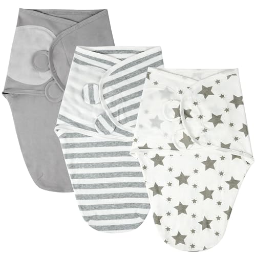 AYBUY Lot de 3 Emmaillotage Bébé,Gigoteuse D'Emmaillotage Nouveau-né pour Garçon Fille 0-3 Mois,Essentiels Biologique Ajustable Sac de Couchage pour Bébé,Gris