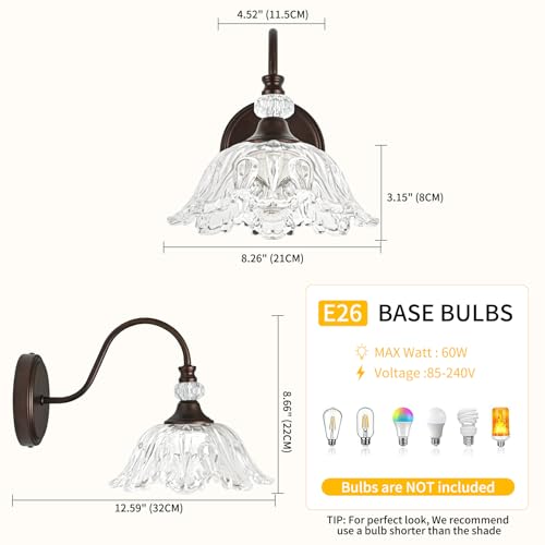 Image of 1-Piece Oil Rubbed Bronze Vintage Wall Sconce with Floral Etched Clear Glass Shade, Farmhouse Wall Mount Lighting for Bathroom,Vintage Bathroom Vanity Light Fixtures