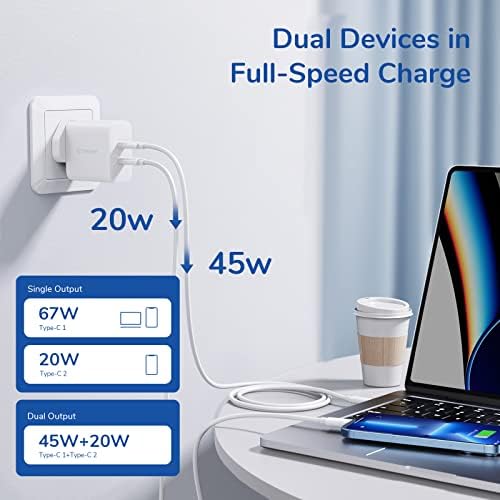 USB C Charger Syncwire PD 67W 2-Port (45W+20W) Fast USB C Power Adapter with US UK EU Plug Compatible with Macbook Pro 16 15 14 13 inch Air Dell XPS iPhone ipad Galaxy Google Pixel 6 Cable Included