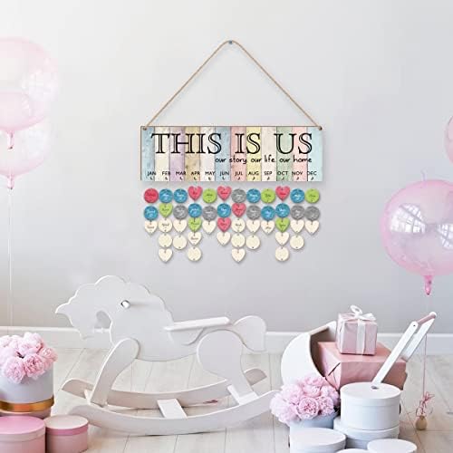 CHDITB This Is Us Family Birthday Reminder Calendar Board(16x5), DIY Birthday Gifts for Mom/Dad/Grandma, Wooden Family Birthday Tracker Plaque Wall Hanging with 100 Heart/Circle Tags