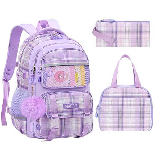 WYCY Kawaii Purple Girls Backpack with Lunch Box | Travel Daypack for Kids & Teens | Bookbag with Laptop Compartment
