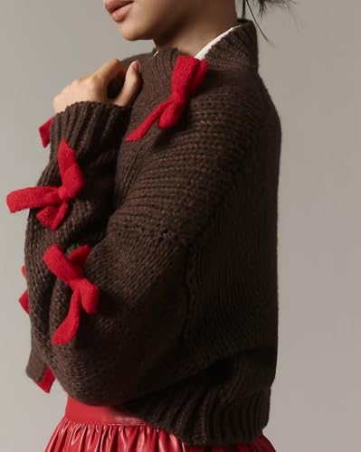 Women Bow Cropped Cardigan Sweaters Cute Long Sleeve Open Front 3D Bowknot Cardigans Y2K Preppy Knit Tops4