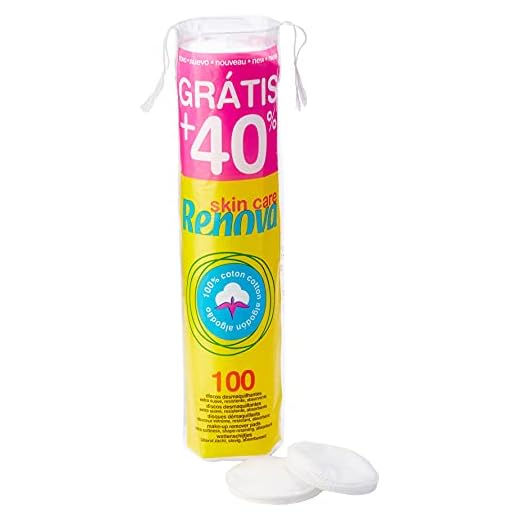 Renova Discos Desmaquillantes | 100 Discos de Algodón | Extra Suaves, Resistentes y Absorbentes | Tamaño Estándar