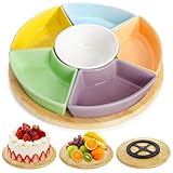 AVLA 11' Ceramic Divided Serving Dishes, Lazy Susan Party Appetizer Platter, 6 Removable Snack Bowl with Rotatable Bamboo Tray, Porcelain Relish Tray for Chips and Dips, Candy, Nut, Condiment, Veggie