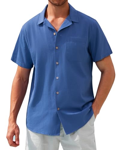 Image of Alimens & Gentle Mens Linen Shirts Cotton Hawaiian Shirts Short Sleeve Button Down Shirts Casual Summer Beach Tops