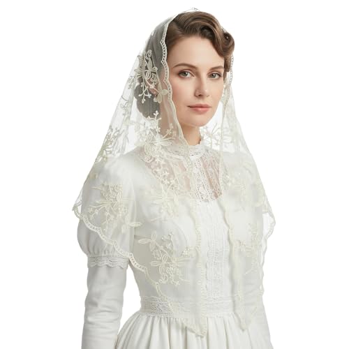 Lystaii Triangle Lace Mantilla Veil Catholic Chapel Head Covering Scarf Latin Mass Veils Vintage for Church Wedding Bridesmaid (Beige)