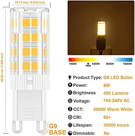 TopLeder G9 LED Bulbs 6-Pack, 5W 450LM LED Light Bulbs, Warm White 3000K, No Flicker Non-Dimmable, 40W Halogen Bulb Equivalent, Energy Saving G9 Bulb